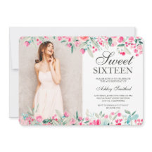 Pastel roze groene florale waterverf foto Sweet 16