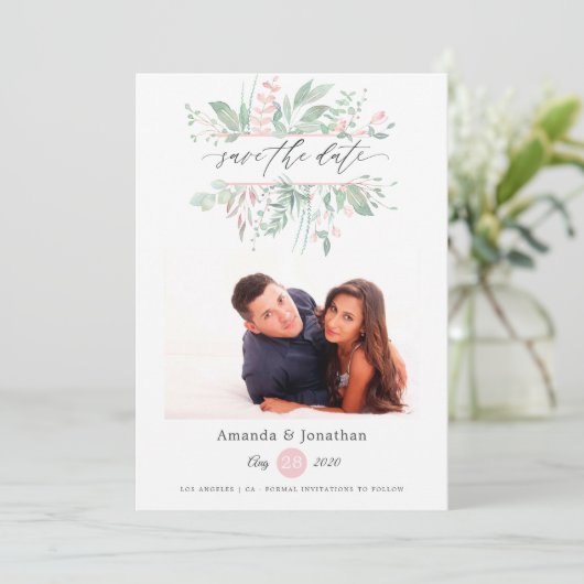 Pastel Roze Groene Foto Bruiloft Save The Date (Staand voorkant)