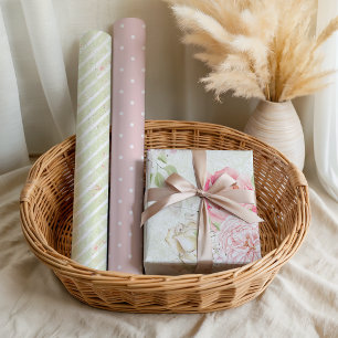 Pastel Roze Groene Lente Bloem Strepen Inpakpapier Vel