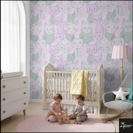 Pastel Roze Groene MCM Kat Patroon Behang
