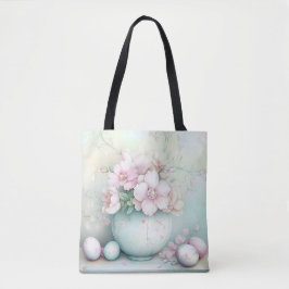 PASTEL ROZE & GROENE PAASVAAS & BLOEMEN TOTE BAG