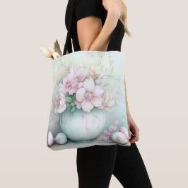 PASTEL ROZE & GROENE PAASVAAS & BLOEMEN TOTE BAG