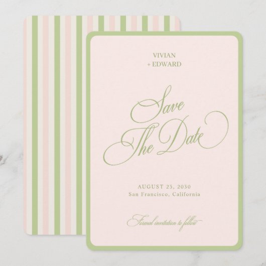 Pastel Roze & Groene Strepen Rand Retro Bruiloft Save The Date (Voorkant / Achterkant)