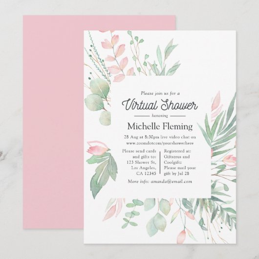 Pastel Roze Groene Virtuele Baby Shower Kaart (Voorkant / Achterkant)