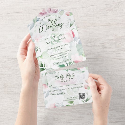 Pastel Roze & Groene Waterverf Bloemen QR Code All In One Uitnodiging (Afscheurbaar)