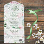 Pastel Roze & Groene Waterverf Bloemen QR Code All In One Uitnodiging