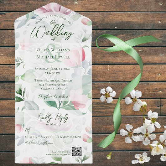 Pastel Roze & Groene Waterverf Bloemen QR Code All In One Uitnodiging