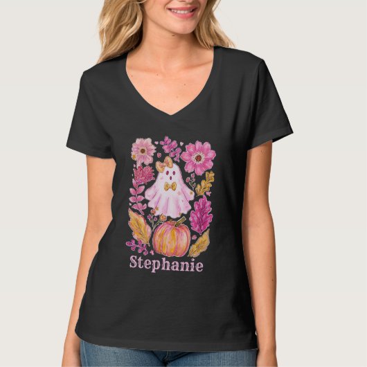 Pastel Roze Halloween Ghost met Voornaam T-shirt (Voorkant)