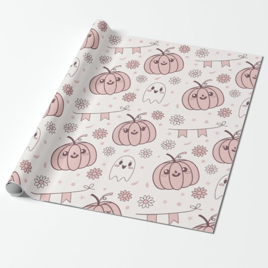 Pastel Roze Halloween Naadloos Patroon (2) Cadeaupapier (Uitgerold)