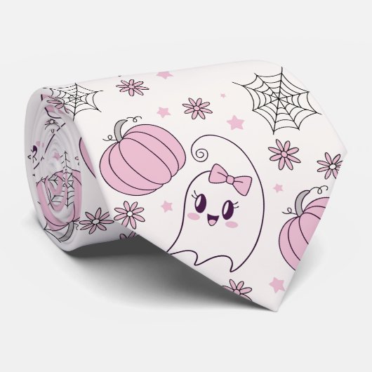 Pastel Roze Halloween Naadloos Patroon (4) Stropdas (Opgerold)