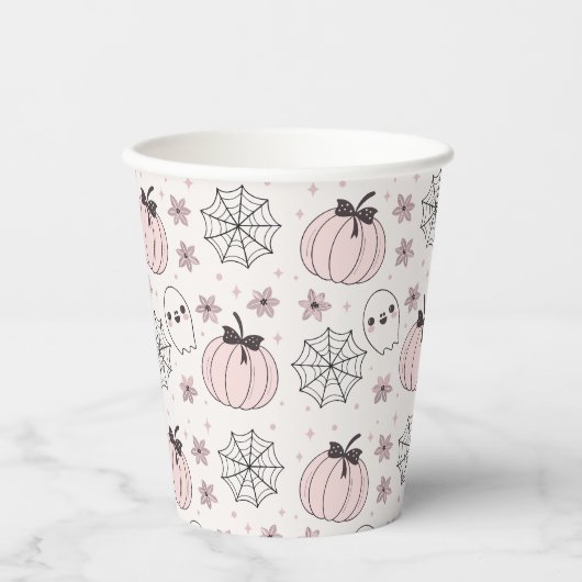 Pastel Roze Halloween Naadloos Patroon Papieren Bekers (Voorkant)