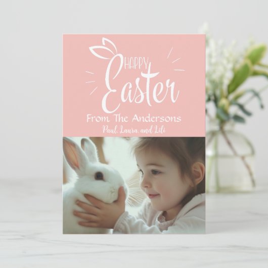  pastel roze happy easter aangepaste foto feestdagenkaart (Staand voorkant)