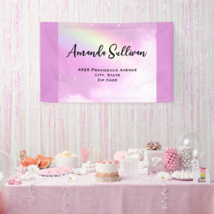 Pastel roze hemel met geel regenboog adres spandoek
