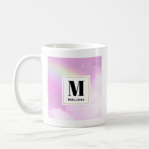 Pastel roze hemel met geel regenboog monogram koffiemok