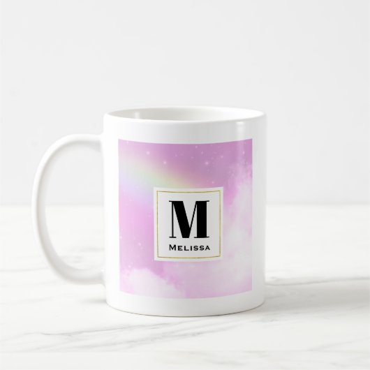 Pastel roze hemel met geel regenboog monogram koffiemok (Links)