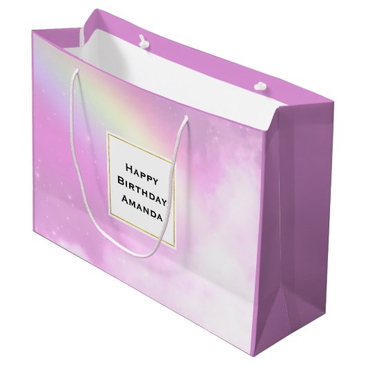 Pastel roze hemel met gele regenboog verjaardag groot cadeauzakje (Voorkant Gekanteld)