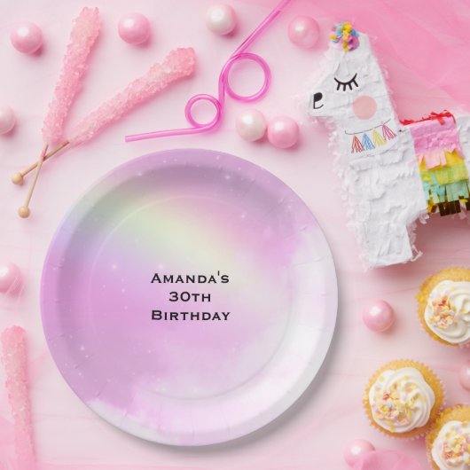 Pastel roze hemel met gele regenboog verjaardag papieren bordje (Feest)