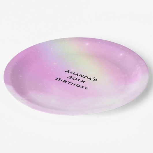Pastel roze hemel met gele regenboog verjaardag papieren bordje (Gekanteld)