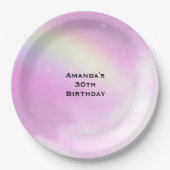 Pastel roze hemel met gele regenboog verjaardag papieren bordje (Voorkant)
