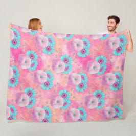 PASTEL ROZE HERFST POMPOENEN & AQUA ZONNEBLOEMEN FLEECE DEKEN