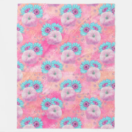 PASTEL ROZE HERFST POMPOENEN & AQUA ZONNEBLOEMEN FLEECE DEKEN