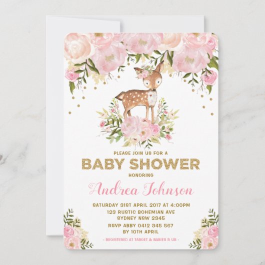 Pastel Roze Herten Baby Meisje Douche Waterverf Pe Kaart (Voorkant)