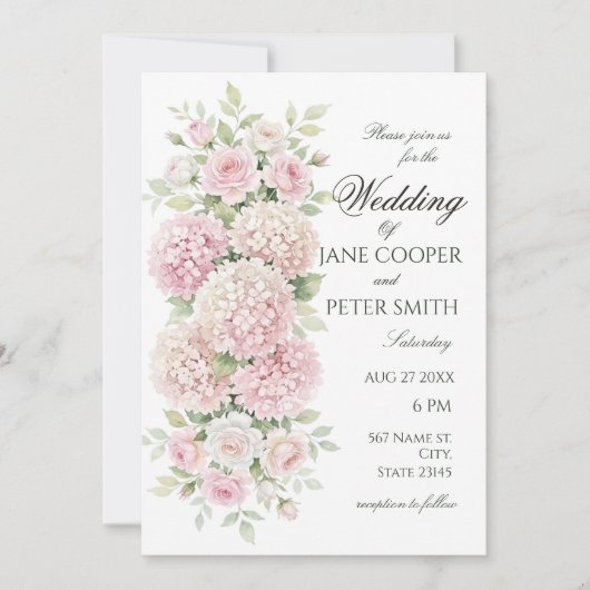 Pastel roze hortensia's en rozen Budget Huwelijk Kaart (Voorkant)
