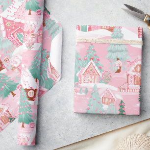 Pastel Roze Kerst Gingerbread Huizen Cadeaupapier