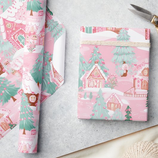 Pastel Roze Kerst Gingerbread Huizen Cadeaupapier
