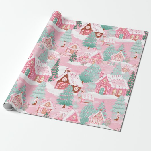 Pastel Roze Kerst Gingerbread Huizen Cadeaupapier (Uitgerold)