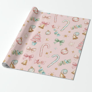Pastel Roze Kerst Kerststokken Strikken & Bellen Cadeaupapier