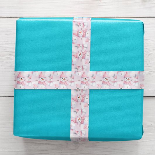 Pastel Roze Kerst Waterverf Sneeuwman Satijnen Lint