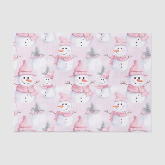Pastel Roze Kerst Waterverf Sneeuwman Tissuepapier (Voorkant)