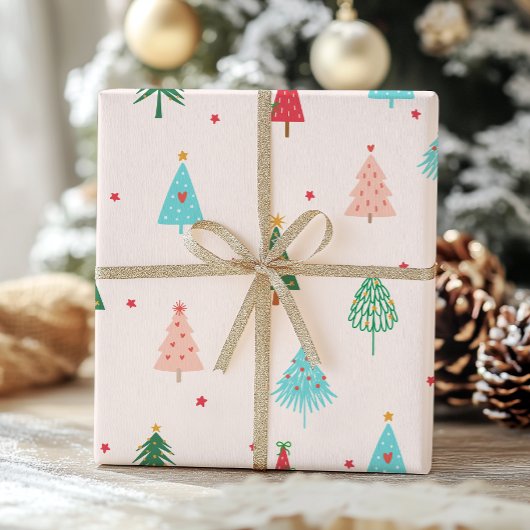 Pastel Roze Kerstbomen Whimsical Kerstfeest Cadeaupapier