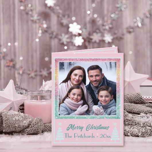 Pastel roze Kerstfoto Gevouwen Vakantie Kaart