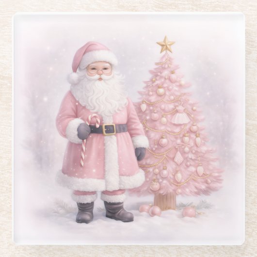 Pastel Roze Kerstman  Glazen Onderzetter (Voorkant)