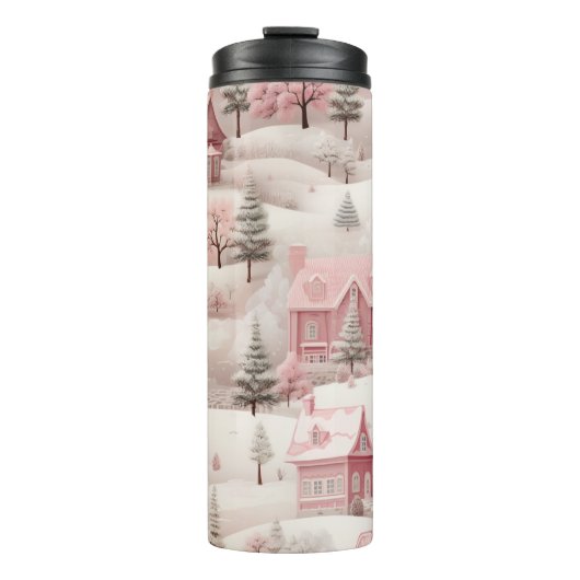 PASTEL ROZE KERSTMIS WINTERSCÈNE THERMOSBEKER (Voorkant)
