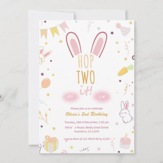 Pastel Roze Konijn 2e Verjaardagsfeest Hop Hop Uit Kaart (Voorkant)