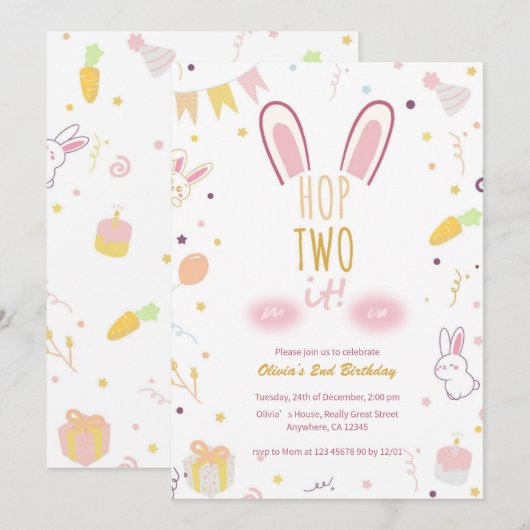 Pastel Roze Konijn 2e Verjaardagsfeest Hop Hop Uit Kaart (Voorkant / Achterkant)