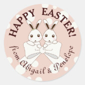 Pastel Roze Kute Twin Bunny Happy Pasen Ronde Sticker (Voorkant)