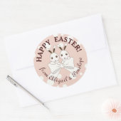 Pastel Roze Kute Twin Bunny Happy Pasen Ronde Sticker (Envelop)