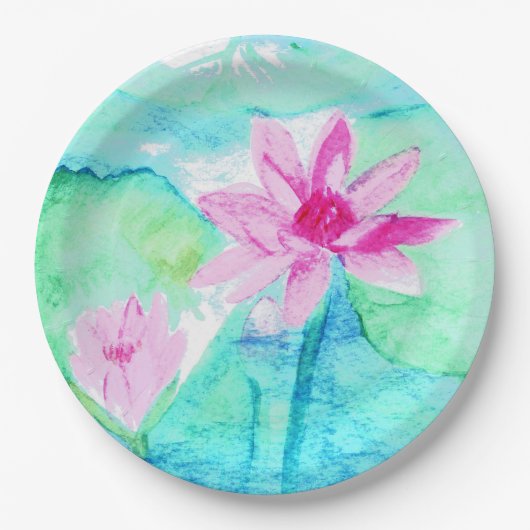 Pastel Roze Lotus Bloemen Waterverf Papieren Bordje (Voorkant)