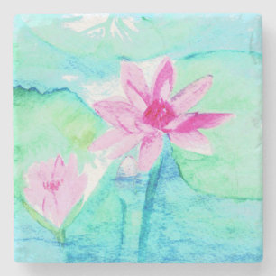 Pastel Roze Lotus Bloemen Waterverf Stenen Onderzetter