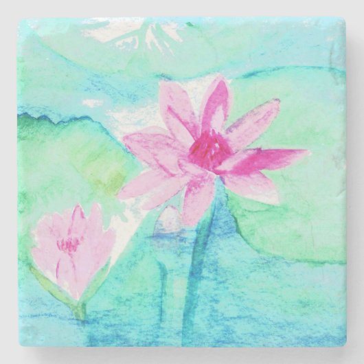 Pastel Roze Lotus Bloemen Waterverf Stenen Onderzetter (Voorkant)