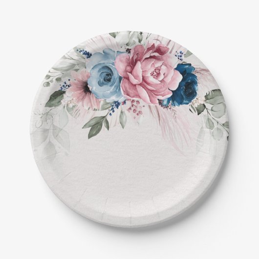 Pastel Roze Marine Blauwe Pampas Grass Rustieke br Papieren Bordje (Voorkant)