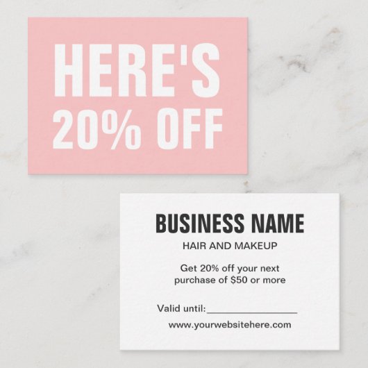Pastel roze minimalistische trendmatige eenvoudige kortingskaartje (Voorkant / Achterkant)
