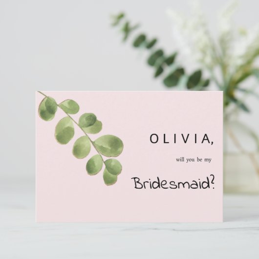 Pastel roze mint goud eucalyptus blad Bruidsmeisje Kaart (Staand voorkant)