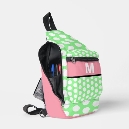 Pastel Roze Mint Groen Wit Stippen Monogram Sling Bag (Open)