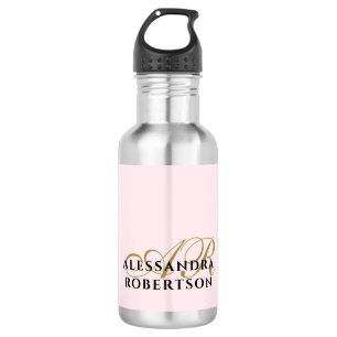 Pastel Roze Monogram Minimalistische Gouden Zwarte Waterfles