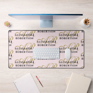 Pastel Roze Monogram Patroon Stijlvol Goud Zwart Bureaumat